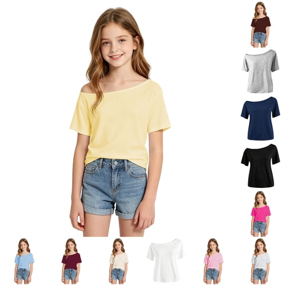 Girls Shirts Short Sleeve Crew Neck Yellow Shirt Girls Casual Base Kids Girl Clothes 9-10 Years
