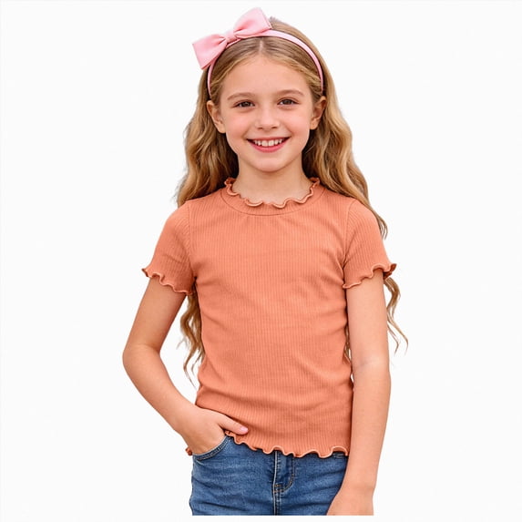 Girls Shirts Short Sleeve Lace Top Soft Toddler Girl Summer Clothes for Casual Daily Orange 9-10 Years