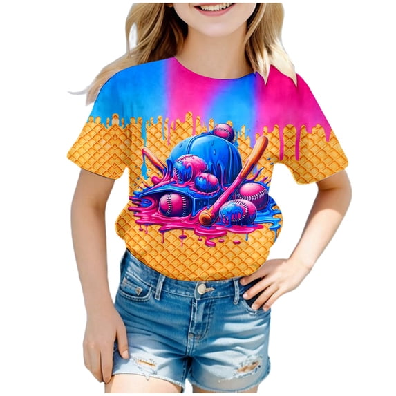 Girls Shirts Short Sleeve Playful Baseball Graphic Print Casual Crew Neck Tee for Toddler Youth Kids Hot Pink 3 Years-4 Years