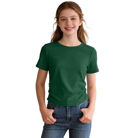 Girls Shirts Side Ruched Short Sleeve Crewneck Fitted Tops Casual Summer Soft Tee Clothes 5-12 Years