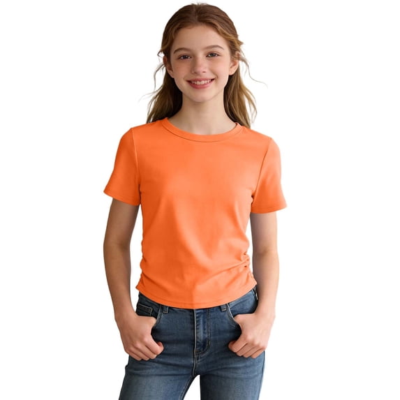 Girls Shirts Side Ruched Short Sleeve Crewneck Fitted Tops Casual Summer Soft Tee Clothes 5-12 Years