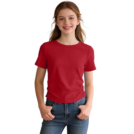 Girls Shirts Side Ruched Short Sleeve Crewneck Fitted Tops Casual Summer Soft Tee Clothes 5-12 Years