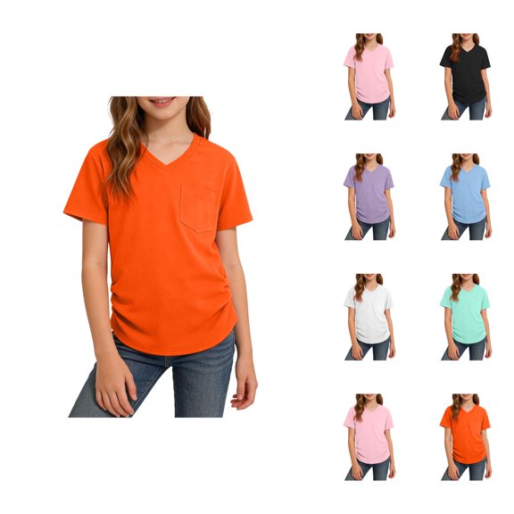 Girls Shirts Side Ruched Short Sleeve V Neck Fitted Tops Casual Summer Soft Tee With Pocket Clothes For Kids