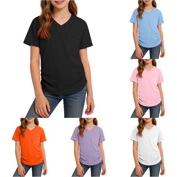 Girls Shirts Side Ruched Short Sleeve V Neck Fitted Tops Casual Summer Soft Tee with Pocket Clothes for Kids 2t Long Sleeve Shirts Girls 9-10 Years
