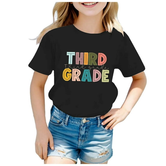 Girls Shirts Size 10-11 Girls Shirts Children's Fashion Back To School Season Printed Round Neck Short Sleeve Casual T Shirt Top (10)