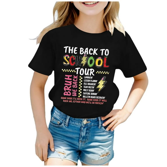 Girls Shirts Size 10-12 Children's School Season Printed Short Sleeved Round Neck T Shirt Black, 4-5 Years