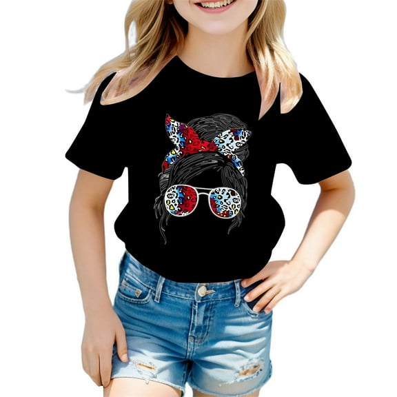 Aihuaihua Girls Shirts Size 10-12 Letter Print Short-Sleeve T-Shirt Tops Crew Neck Active Holidays Tops Kids Summer Clothing 8-9 Years（Black）