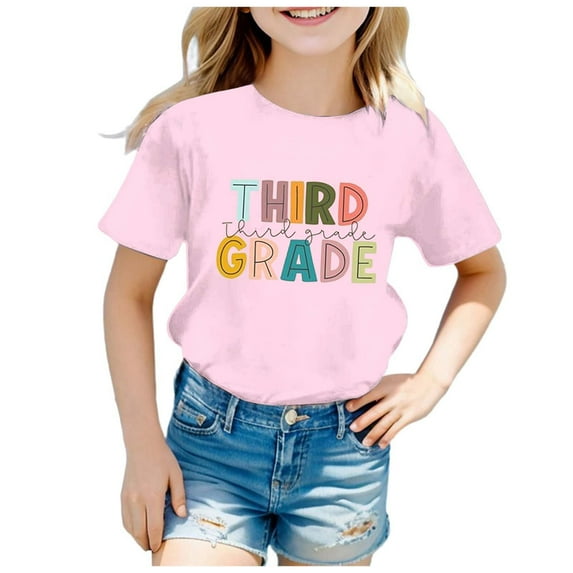 Girls Shirts Size 12-13 Girls Clothes Children's Fashion Back To School Season Printed Round Neck Short Sleeve Casual T Shirt Top (10)