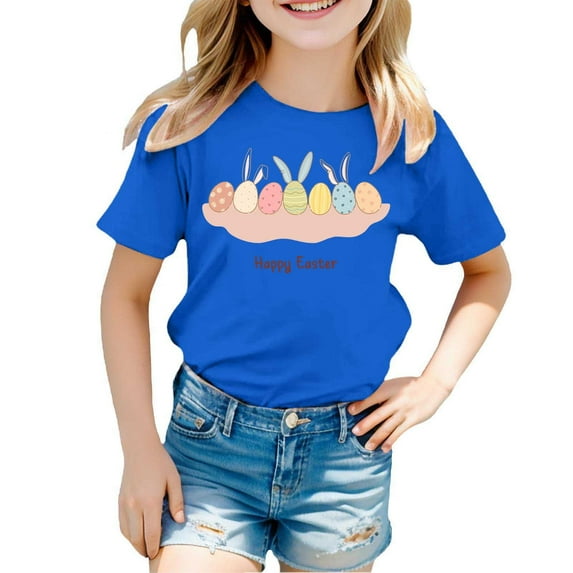 Girls Shirts Size 12-14 Easter Bunny Printed Shirt Short Sleeve Oversized T-Shirt Breathable Cotton Summer Tees Children Clothing Blue 4-5 Years