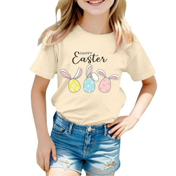 Girls Shirts Size 12-14 Easter Fashion Prints Shirt Short Sleeve Casual Crewneck T-Shirts Soft and Comfortable Summer Tees Children Clothing Beige 6-7 Years