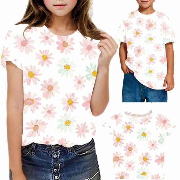 Girls Shirts Size 14 16 Crewneck Shirt for Girls Short Sleeve Tees for Boys Floral Print Tops Y2k Girls Tops Size 6 reorders