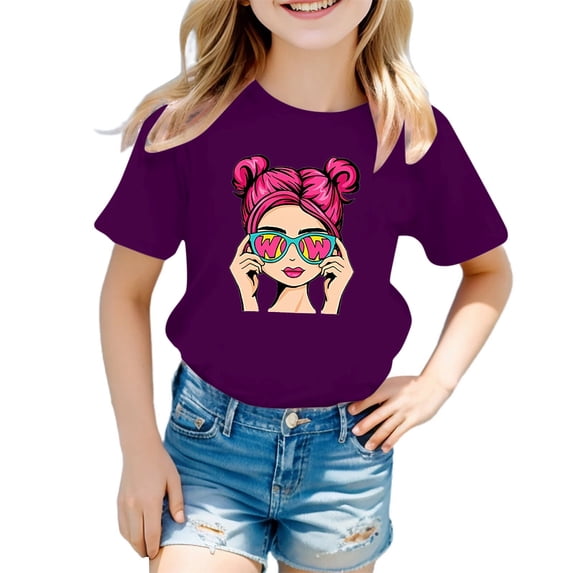 Girls Shirts Size 14-16 Girls Cute Graphic Print Round Neck Short Sleeve Tee Summer Casual T Shirt Purple, 3-4 Years