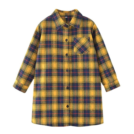 Girls Shirts Size 14-16 Girls Toddler Plaid Pleated Mini Dress Button Down Plaid Flannel Shirts Long Sleeve Casual Dress Yellow, 7-8 Years