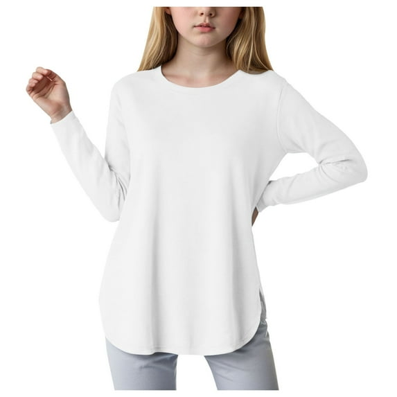 Girls Shirts Size 14 16 Long Sleeve Shirt Girls Long Sleeve Shirts Kids Casual Crewneck Soft Side Slit Tunic Tops Blouse White 8-9 Years