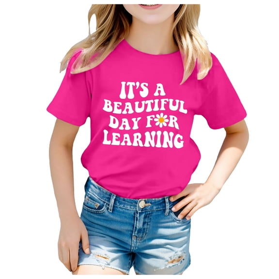 Girls Shirts Size 16 Back to School Kids School Season Back to School Season Printed Casual Short Sleeve Top T Shirt Girls Shirts Size 10-12 Hot Pink, 150