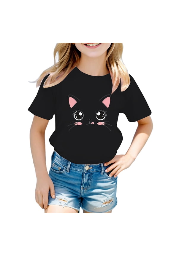 Girls Shirts Size 18 Oversize Cartoon Cat Printing Round Neckline Basic Layering Tee Shirt,100,Black