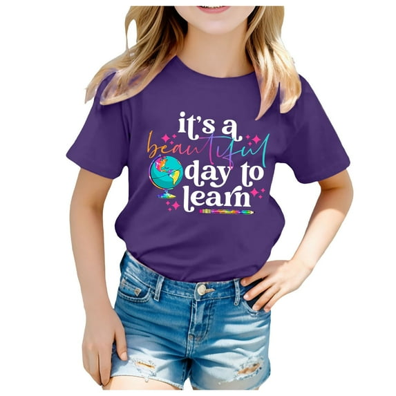 Girls Shirts Size 6 Kids Kids School Season Back To School Season Printed Casual Short Sleeve Top T Shirt Z02-Dark , 120