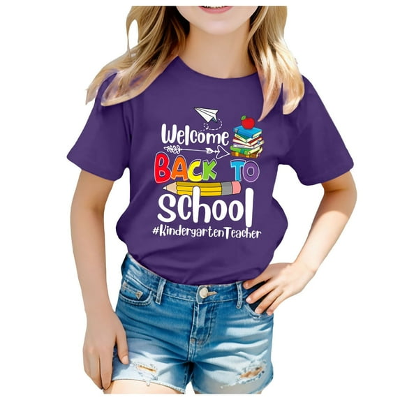 Girls Shirts Size 6 Kids Kids School Season Back To School Season Printed Casual Short Sleeve Top T Shirt Z03-Dark , 120