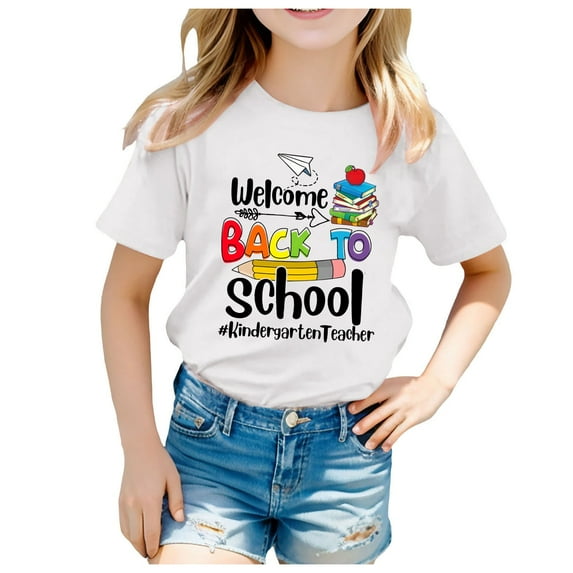 Girls Shirts Size 6 Kids Kids School Season Back To School Season Printed Casual Short Sleeve Top T Shirt Z03-White, 120