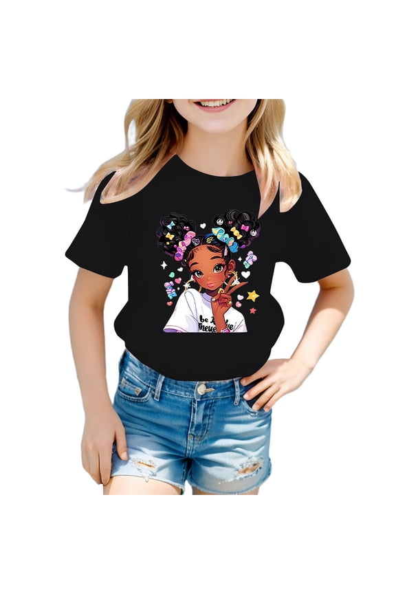 Girls Shirts Size 7-8 Cute Cartoon Graphic Tees Summer Clothes Short Sleeve T-Shirt Casual Round Neck Pullover Tops Gifts for Fashion Cool Girl Black 7-8 Years