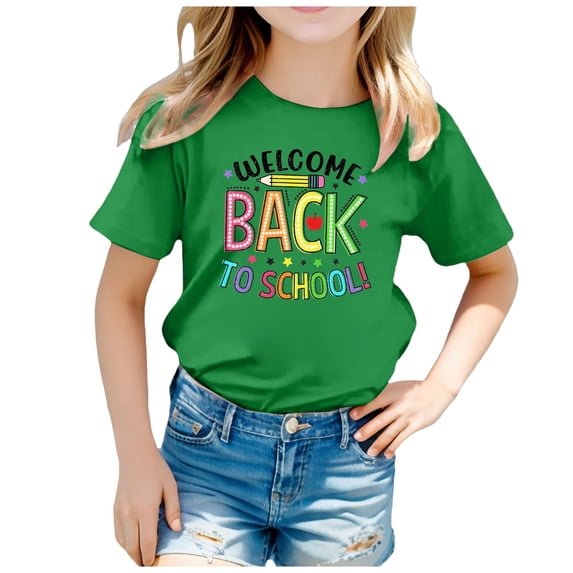 Girls Shirts Size 7-8 First Day Of School Round Neck Short Sleeve T Shirt Top Cartoon Print Soft Pullover Tops T-Shirts Infant To Big Kid