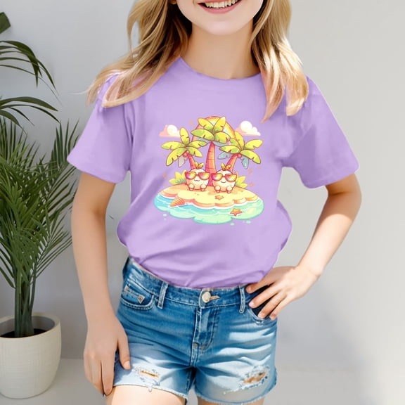 Girls Shirts Size 7-8 Girls Clothes Boys Girls' Island Print Casual T Shirt Fashion Kids' Comfort Fit Top for Beach & Daily Wear 1833