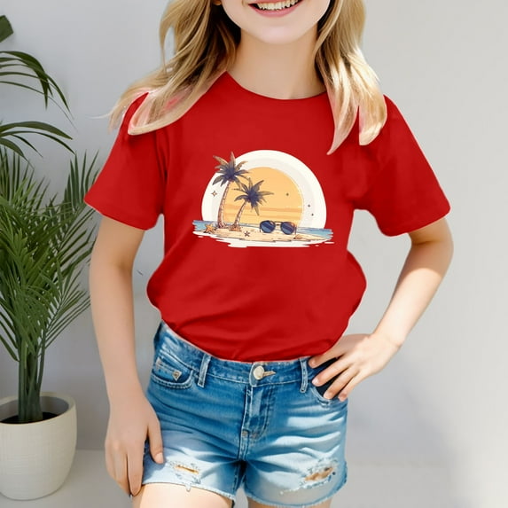 Girls Shirts Size 7-8 Girls Clothes Boys Girls' Island Print Casual T Shirt Fashion Kids' Comfort Fit Top for Beach & Daily Wear 9759
