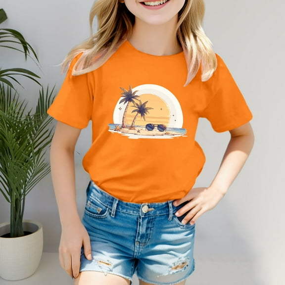 Girls Shirts Size 8-9 Girls Clothes Boys Girls' Island Print Casual T Shirt Fashion Kids' Comfort Fit Top for Beach & Daily Wear 9736