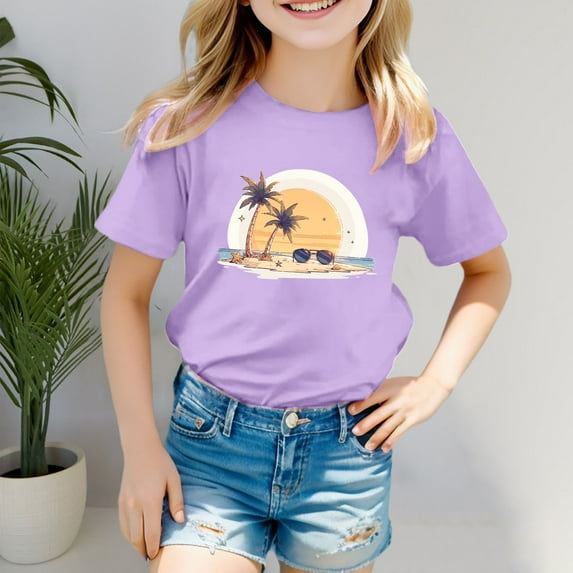 Girls Shirts Size 8-9 Girls Clothes Boys Girls' Island Print Casual T Shirt Fashion Kids' Comfort Fit Top for Beach & Daily Wear 9752