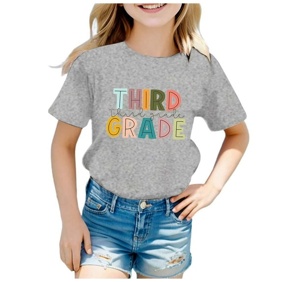 Girls Shirts Size 8-9 Girls Shirts Children's Fashion Back To School Season Printed Round Neck Short Sleeve Casual T Shirt Top (10)