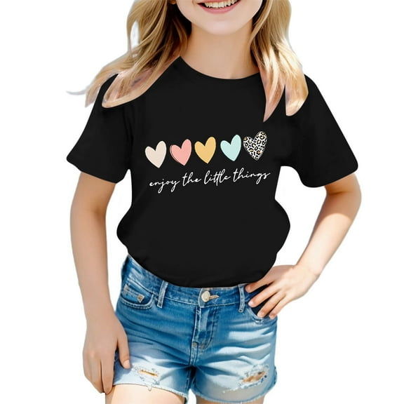 Girls Shirts Size 8 Girls Cute Graphic Print Round Neck Short Sleeve Tee Summer Casual T Shirt Black, 8-9 Years