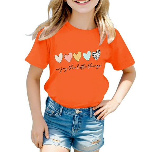 Girls Shirts Size 8 Girls Cute Graphic Print Round Neck Short Sleeve Tee Summer Casual T Shirt Orange, 8-9 Years