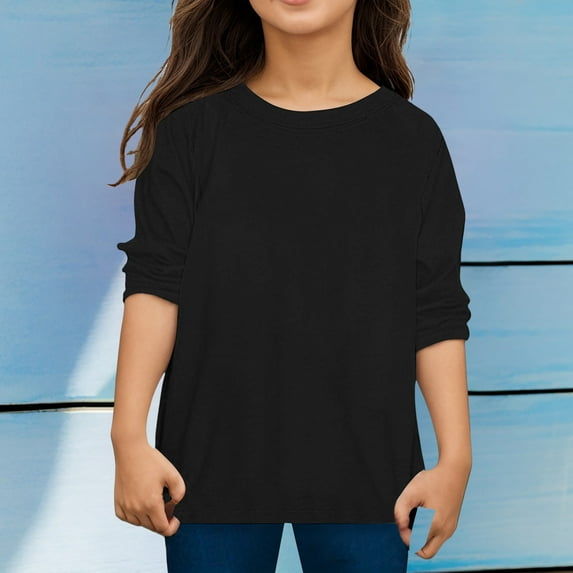 Girls Shirts Solid Color Casual Crewneck Soft Comfortable Fabric T-Shirts Oversized Blouse Kids Clothing Black 6-7 Years