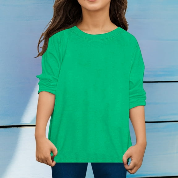 Girls Shirts Solid Color Casual Crewneck Soft Comfortable Fabric T-Shirts Oversized Blouse Kids Clothing Green 6-7 Years