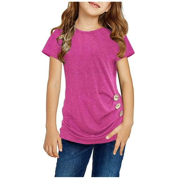 Girls Shirts Solid Color Knot Tunic Button Short Sleeve Tshirt Casual Front Blouse Kids Top Size 12 Y-13 Y