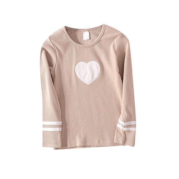 Girls Shirts Spring And Fall New Long Sleeved Embroidered Heart Shaped Stretch Thread T Shirt Fashion Top Khaki, 6-7 Years