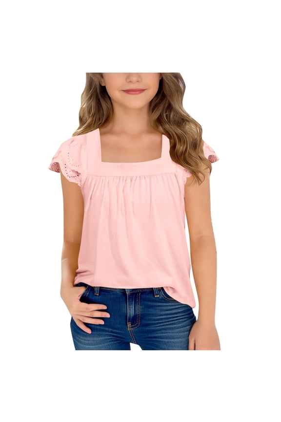 Girls Shirts Summer Casual Short Sleeve Top with Hollow Out Lace and Flutter Sleeve Design Round Neck Tee for Big Kids Pink 12 Years-13 Years