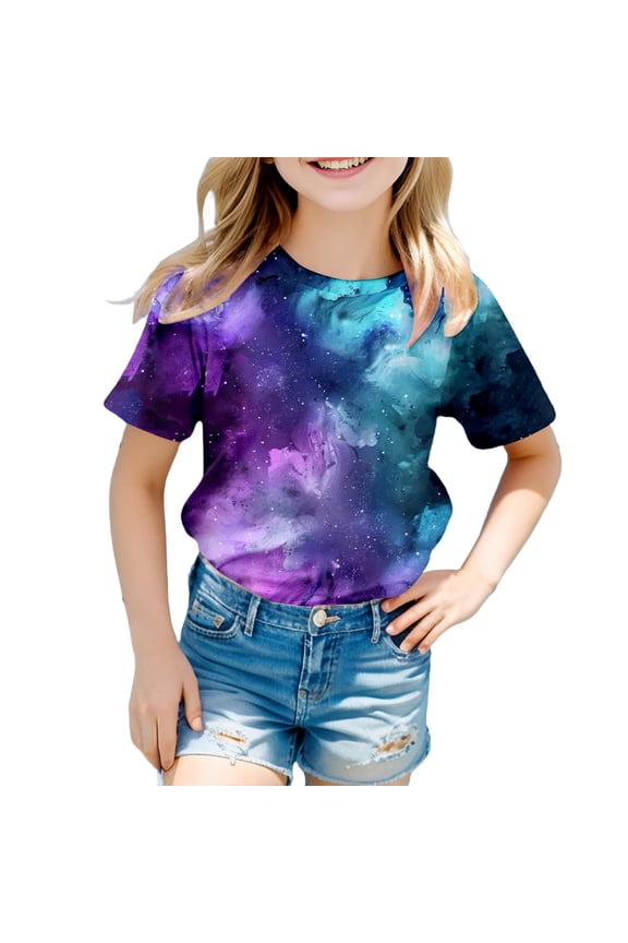 Girls Shirts T Shirt Galaxy 3D Galaxy Print Glitter Blouse Starry Sky Summer Crewneck Short Sleeve Carnival Girls Athletic Shirts Clothes