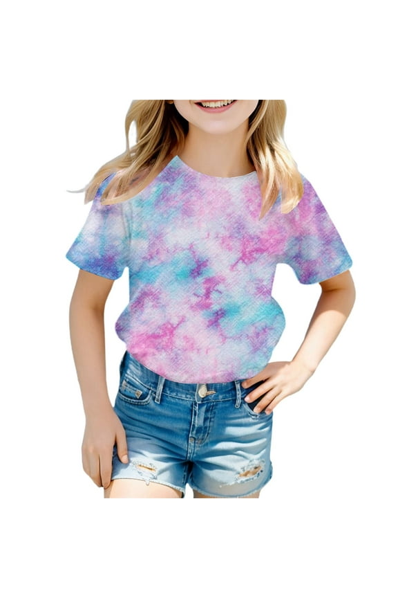 Girls Shirts Tie Dye Print Short Sleeve Summer Fashion Casual Crewneck Kids Clothes