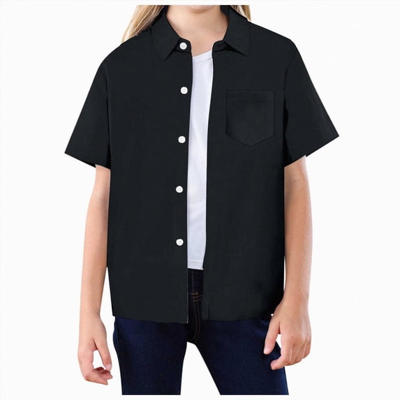 Girls Shirts for Teens Button Up Shirt Short Sleeve Textured Cotton Pocket Top for Summer Holiday Outing Black 5-6 Years
