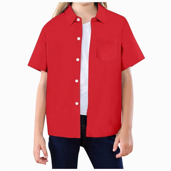 Girls Shirts for Teens Button Up Shirt Short Sleeve Textured Cotton Pocket Top for Summer Holiday Outing Red 13-14 Years