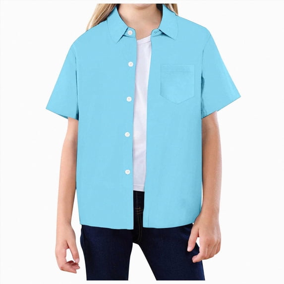 Girls Shirts for Teens Button Up Shirt Short Sleeve Textured Cotton Pocket Top for Summer Holiday Outing Sky Blue 4-5 Years