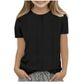 thumbnail image 1 of Girls Short Puff Sleeve Shirt Crew Neck Solid Color Tops for Girl Fashion Summer Hollow Out Loose Casual T-Shirt (Black 3-4 Years), 1 of 4