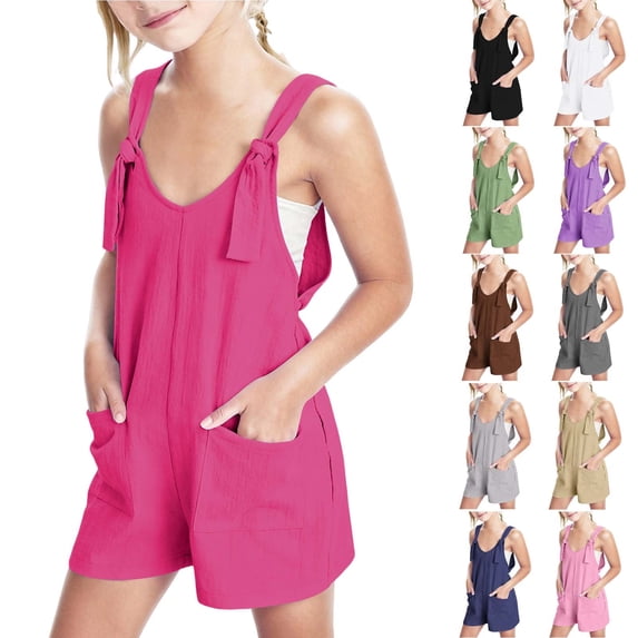 Girls Short Romper Tie Strap Sleeveless One Piece Jumpsuits with Pockets Loose Casual Travel Summer Clothes (13 Years, Hot Pink)