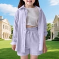 thumbnail image 1 of Girls Short Sets Size 11-12 Outfits Girls Linen Sets Wrinkled Gauze 2 Piece Outfits Teenage Summer Long Sleeve Cotton Linen Shirt Baggy Wide Leg Shorts, 1 of 9
