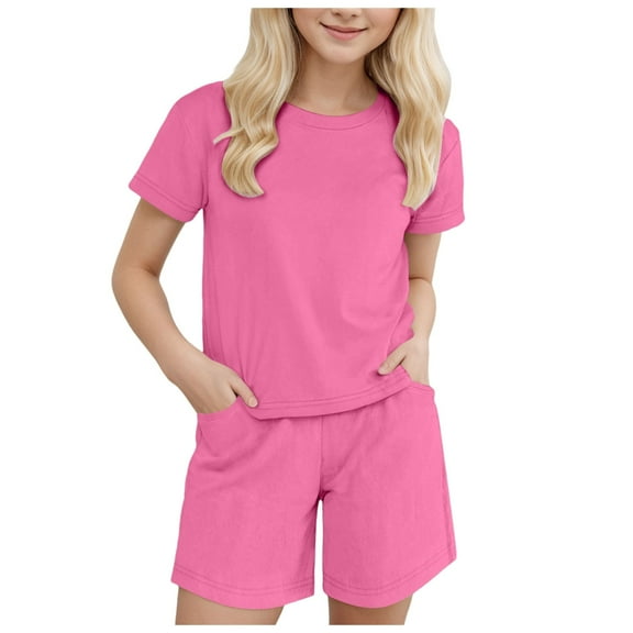 Girls Short Sets Size 7-8 Girls Summer Outfits 2 Piece Clothes Color Block Drop Shoulder Sleeve Top and Casual Short Sets Activewear