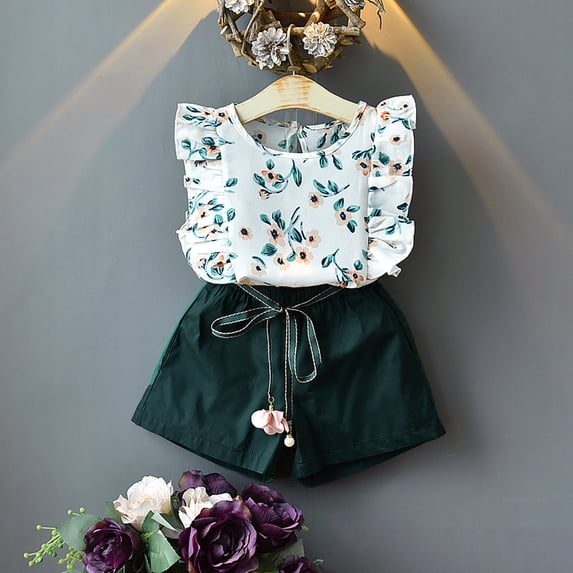 Girls Short Sets Sleeveless Ruffle Print Top Tie Detail Shorts 2 Piece Set Cute Summer Outfit Size 5-6Y
