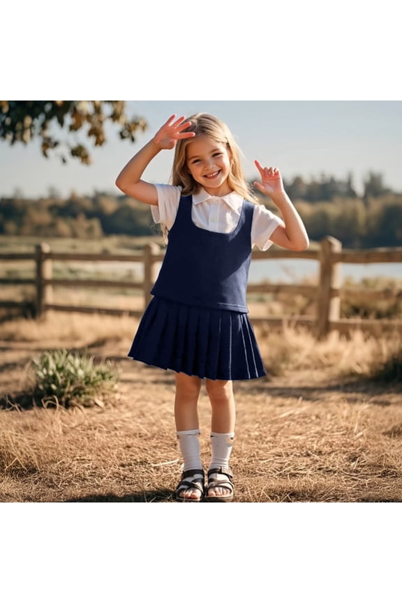 Girls' Short Sleeve 2-Fer Pleated Dress Girls Dresses for School Casual Wear Kids Pinafore Pleated Skirt with Adjustable Straps Comfortable Everyday Outfit (Dark Blue,2-3 Years)