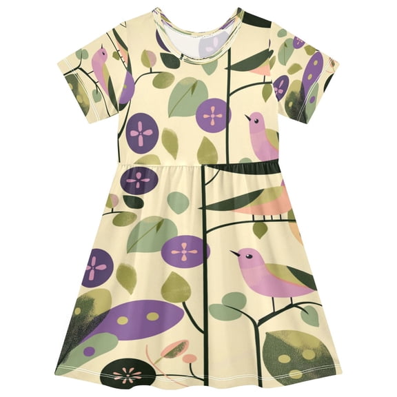 Girls Short Sleeve A-Line Dress Abstract Leaves and Birds Play Dress Sizes 2T