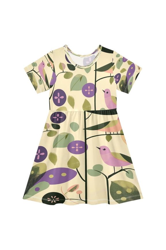 Girls Short Sleeve A-Line Dress Abstract Leaves and Birds Play Dress Sizes 7-8T